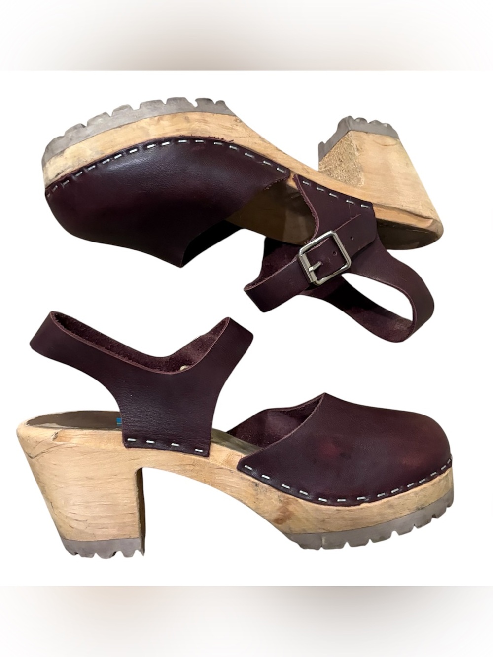 MIA Swedish ABBA Wine Clogs Leather Wood Heel Burgundy Maroon Buckle Sz 39 - Picture 4 of 6